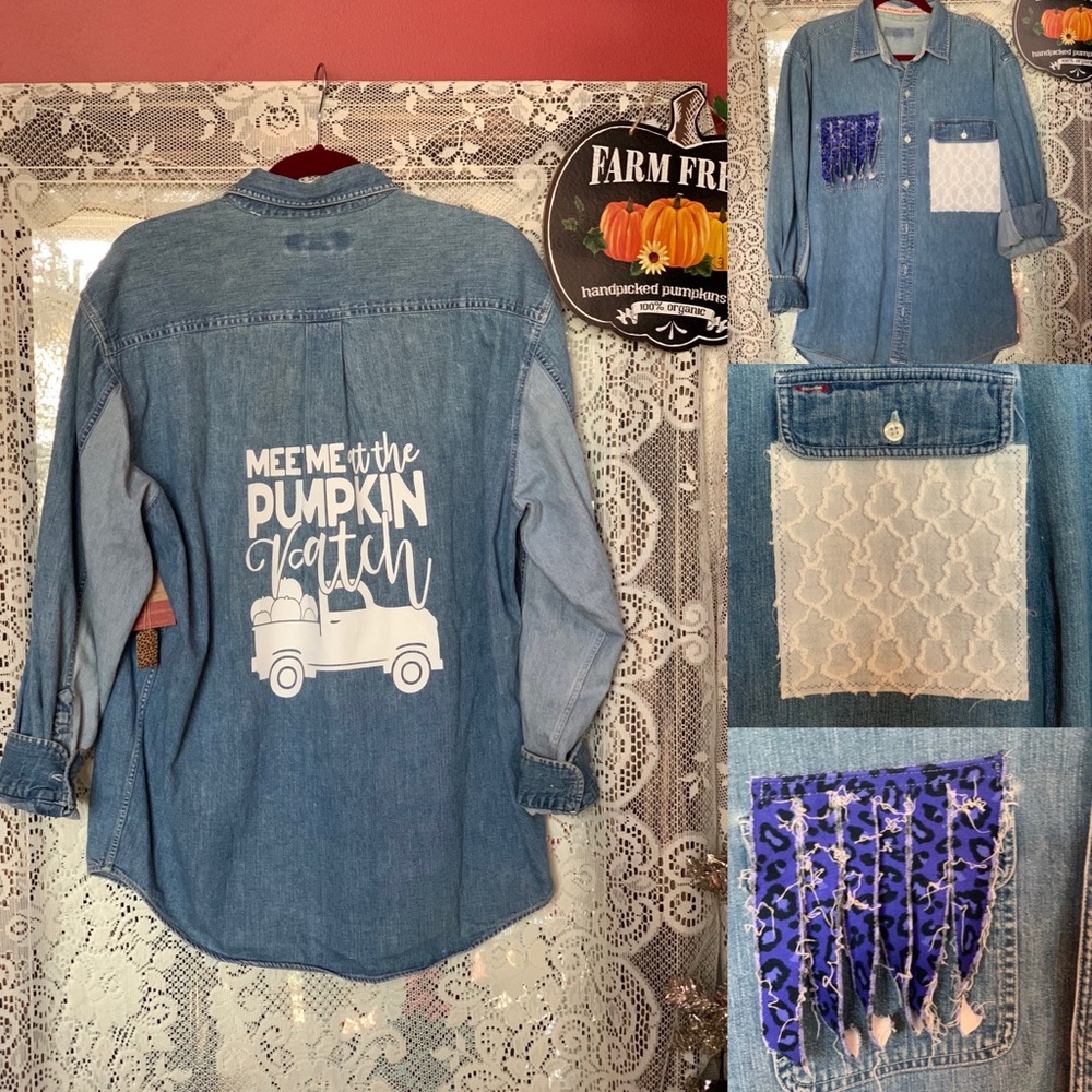 UpCycled Recycled Vintage Denim Shirt Leopard  Fall Pumpkin Boho Y2K Halloween - Picture 6 of 6